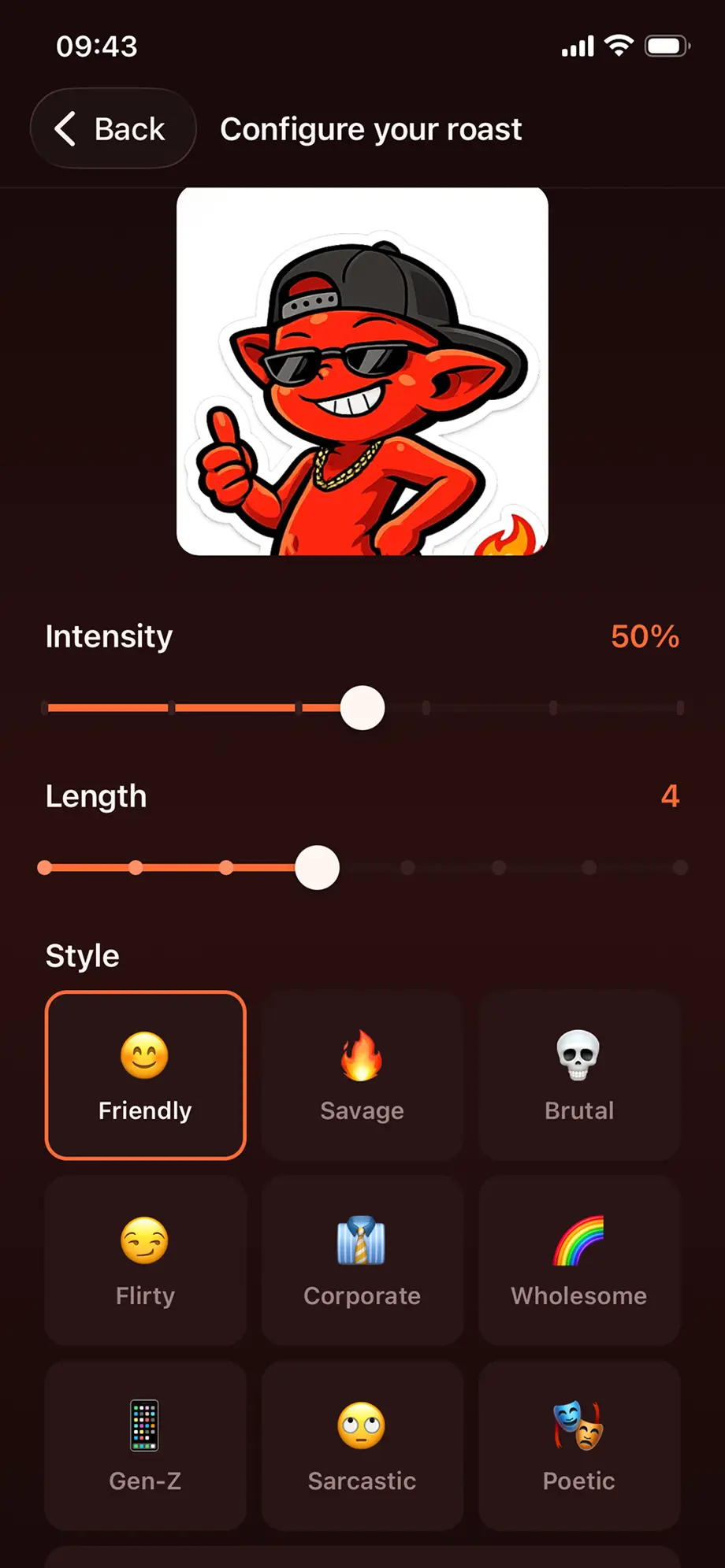 Ember AI roast generator app showing a generated roast on iPhone